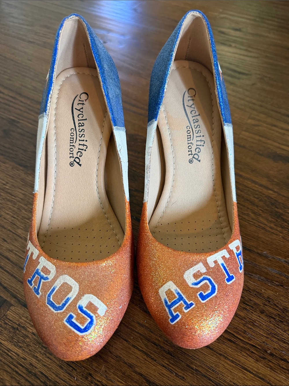 Houston Astros fans!  Cityclassified Orange and Blue Glitter Astros Slip-On heel